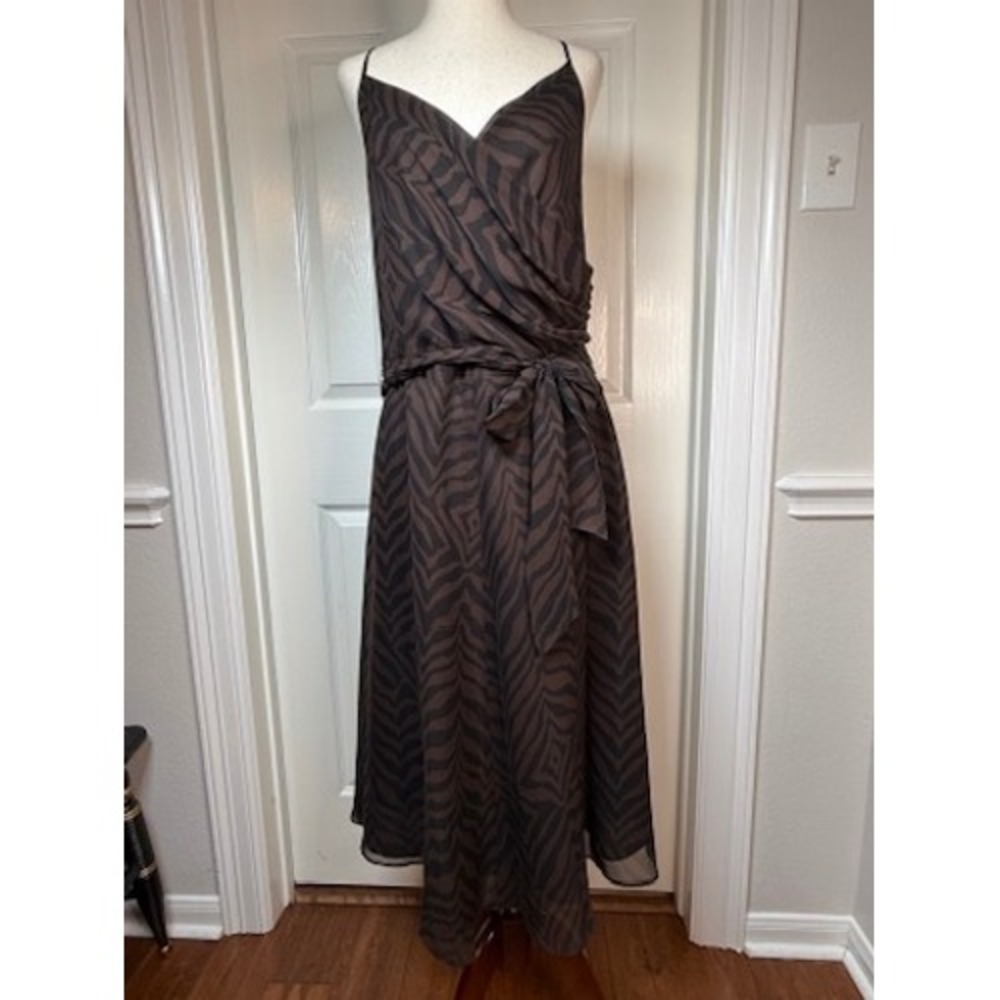 Vintage Talbots Silk Zebra Print Midi Dress Brown Black Wrap Tie Waist Size 14 - Picture 3 of 8